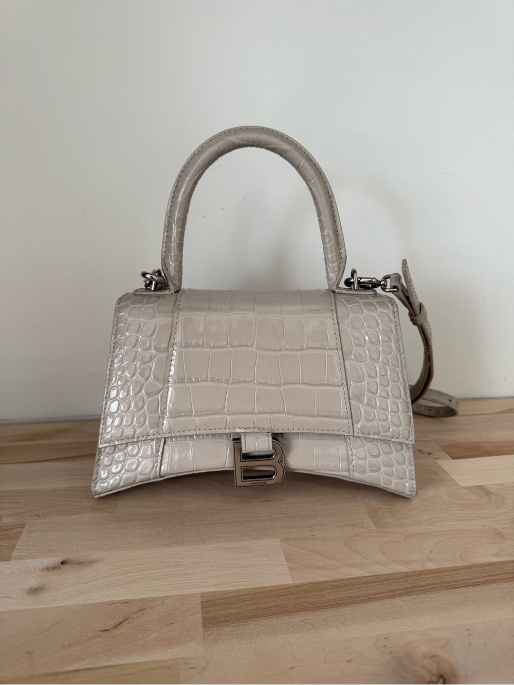 Balenciaga Croc-Embossed Top Handle Satchel in Light Beige